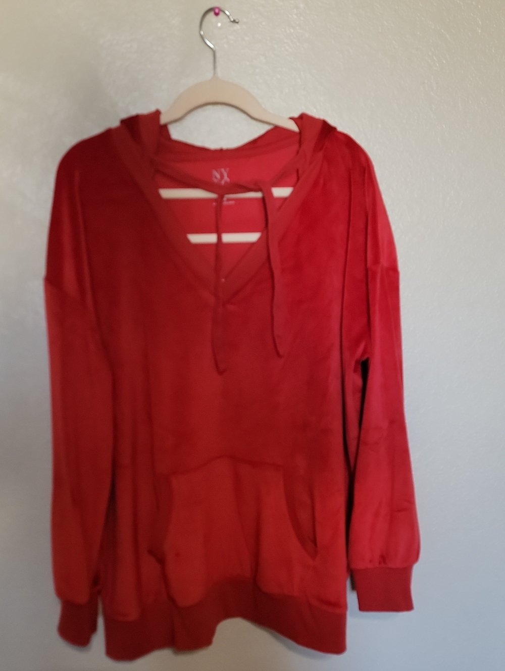New York & Company Red V-Neck Hoodie Sweater